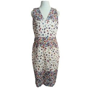 Maggy London Petite Womens 8P Floral V-Neck Sheath Dress Cream Multicolor Cotton